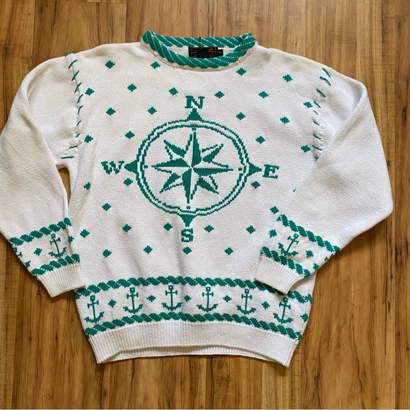 Vintage 90s Eddie Bauer Compass Crewneck Nautical Sailing Cotton Sweater - Picture 5 of 16